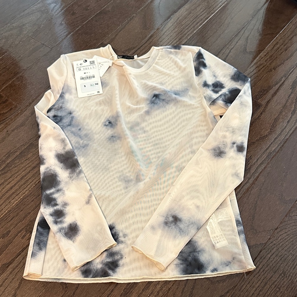Zara Cream and Black Tie-Dye Long Sleeve Top